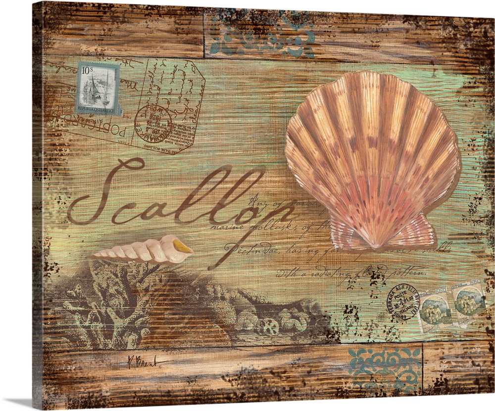 Collage of marine elements including a shell, coral, and postage stamps on a faux distressed wood background.