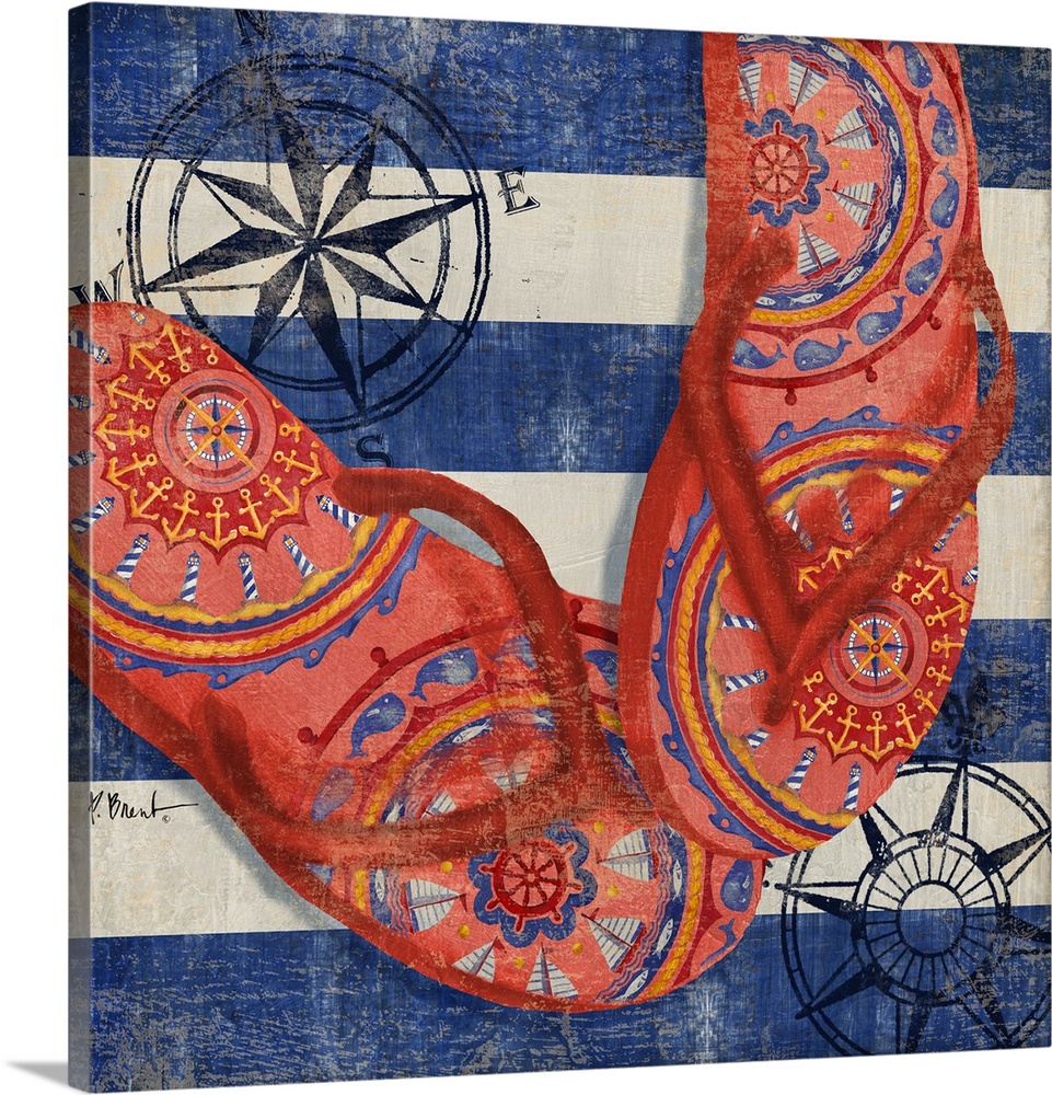 A pair of red flip flops with a boho pattern on a striped background with compass roses.