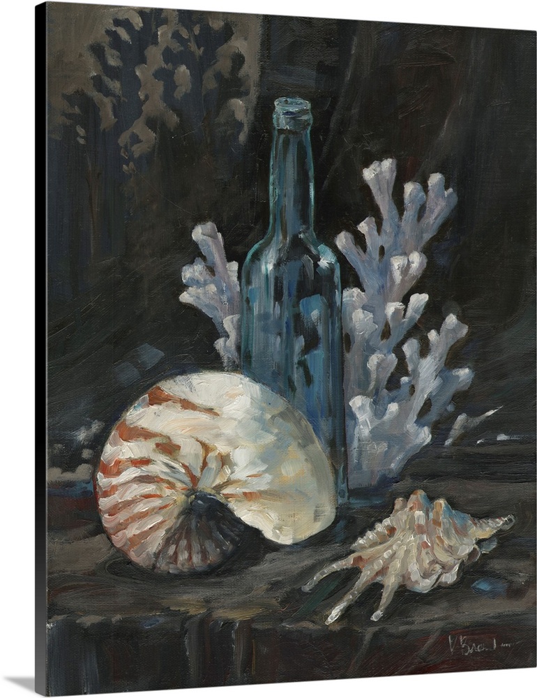 Still life painting of a bottle, sea shells, and coral.