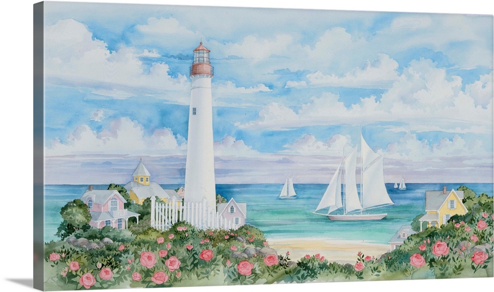 Contemporary watercolor painting of a coastal scene, with a lighthouse and several sailboats.
