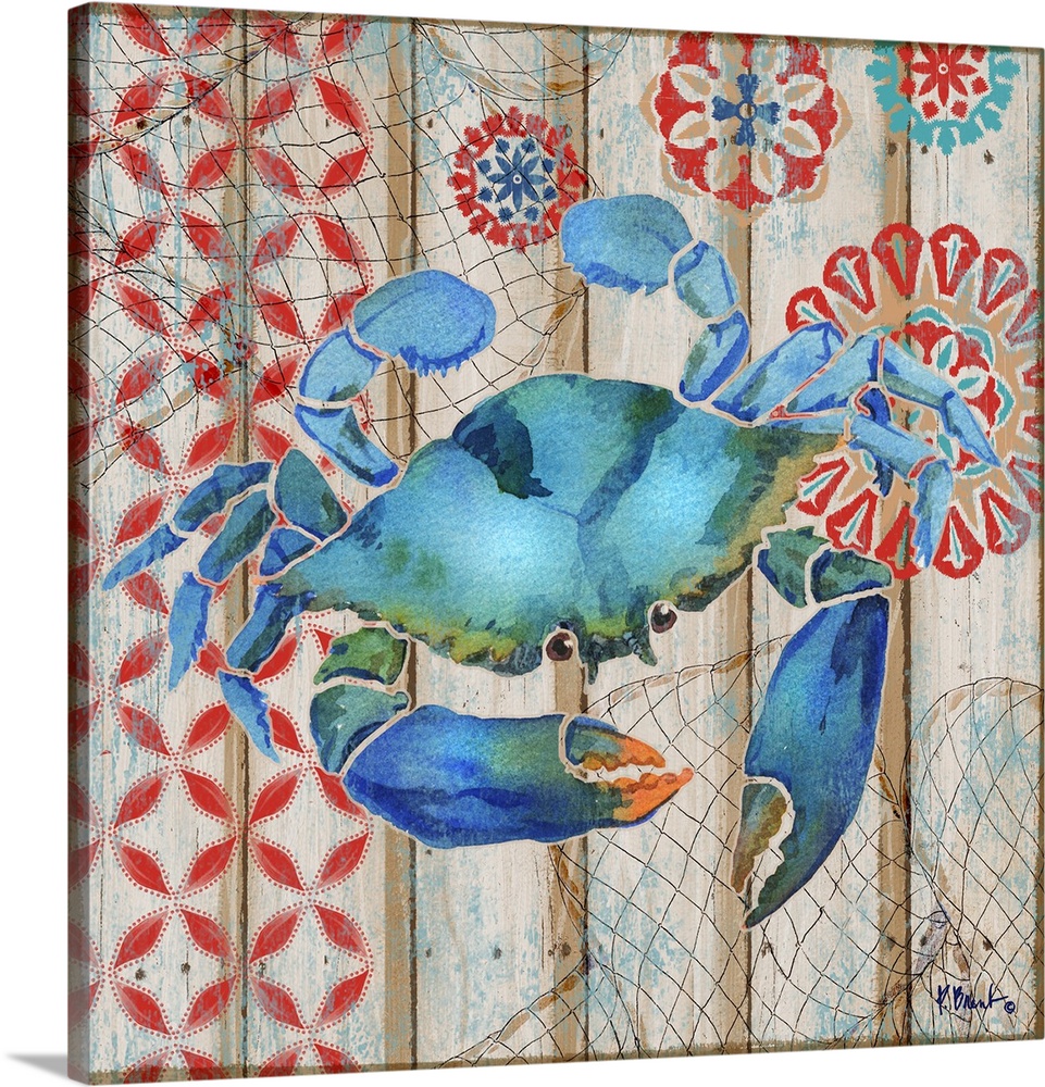 Decorative artwork of a blue crab on a faux wooden board background.