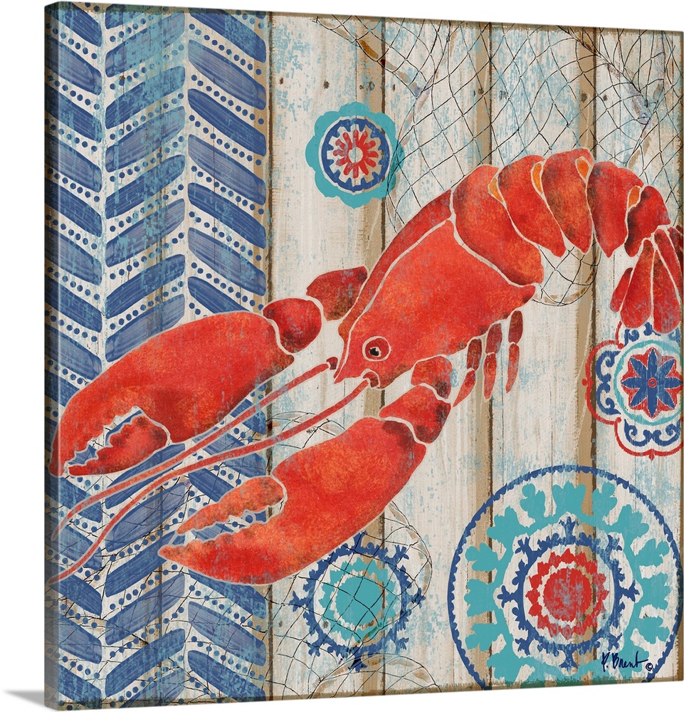 Decorative artwork of a red lobster on a faux wooden board background.