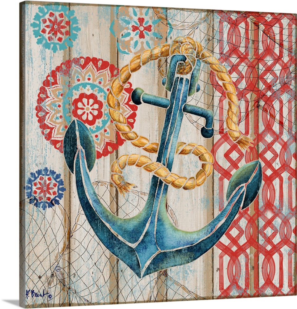 Decorative artwork of an anchor on a faux wooden board background.
