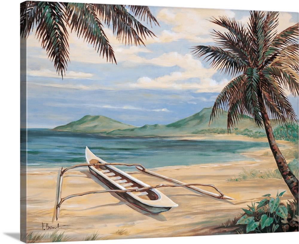 Contemporary painting of palm trees overlooking the beach with an outrigger canoe.