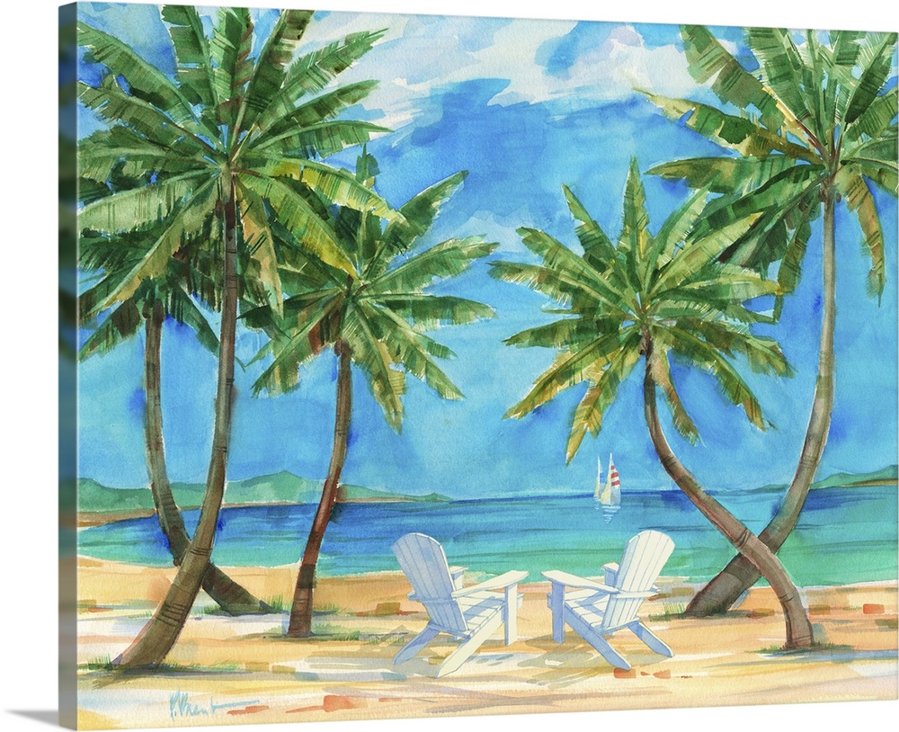 Watercolor painting of palm trees growing on the beach with white beach chairs.