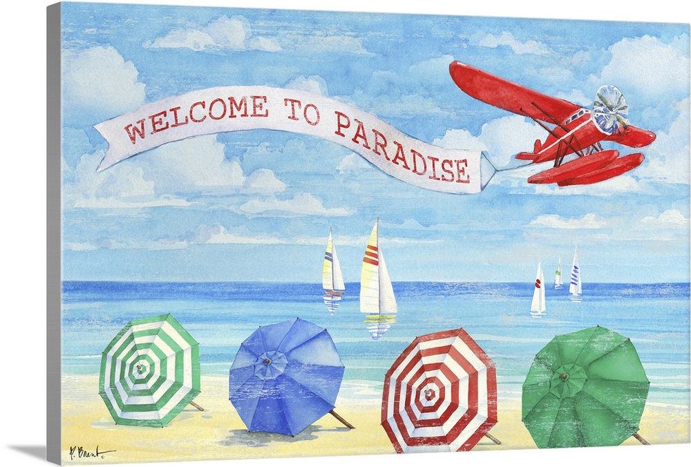 Beach themed decor with an illustration of a red airplane flying over the ocean with a sign that reads "Welcome to Paradise"