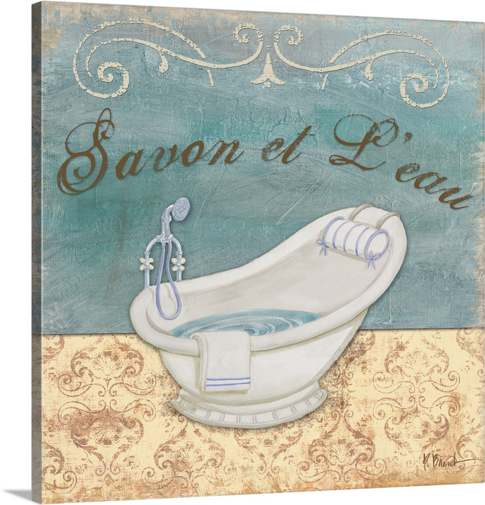 Square decorative panel with an old style bathtub and textured flourishes.