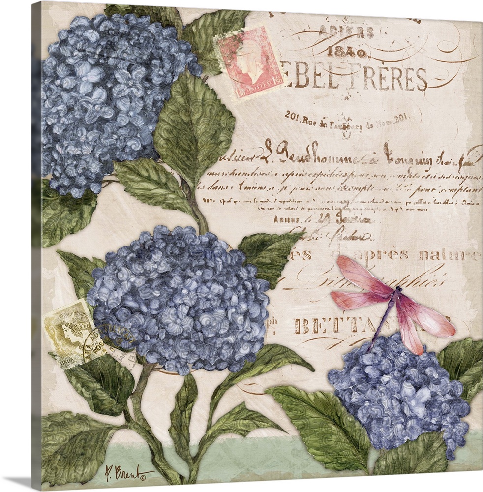 Decorative mixed media panel featuring three hydrangea blooms, a vintage letter, and a dragonfly.