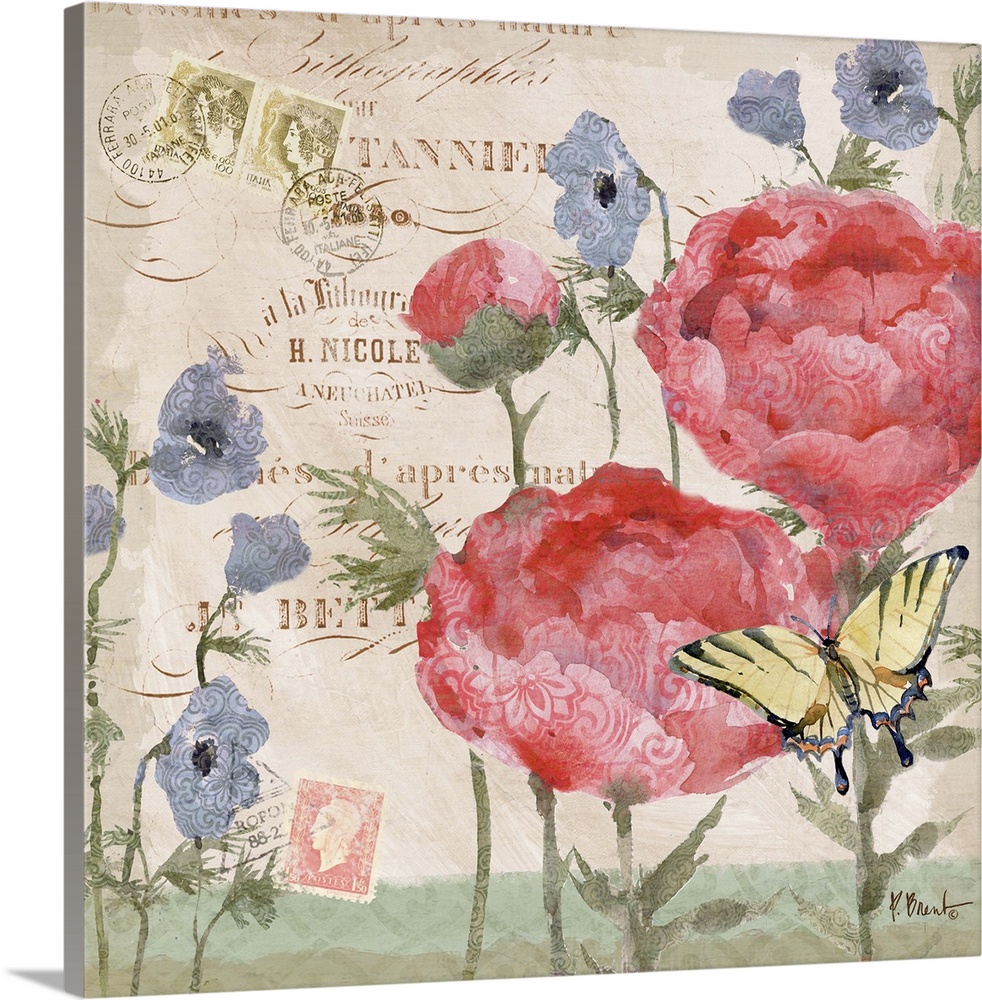 Decorative mixed media panel featuring two peony blooms, a vintage letter, and a butterfly.
