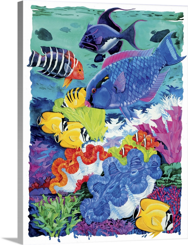 Underwater tropical scene with large, colorful fish swimming over a coral reef with giant clams and anemones.