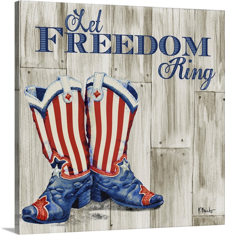 Patriotic painting with a pair of cowboy boots in an American flag pattern.