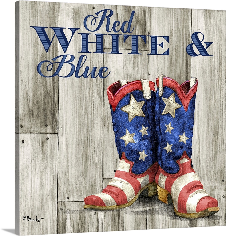 Patriotic painting with a pair of cowboy boots in an American flag pattern.