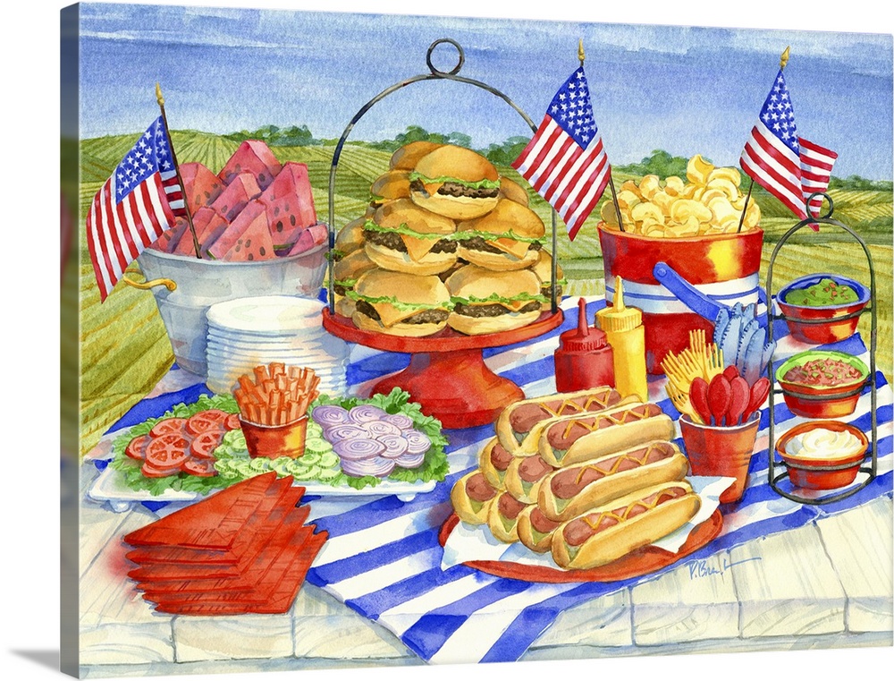 Watercolor painting of a 4th of July picnic with hot dogs, burgers, and watermelon.