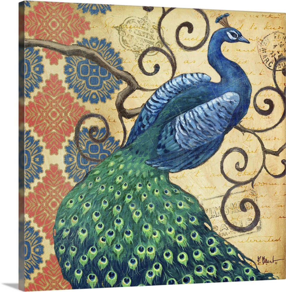 Painting of a male peacock perched on a very curly branch on a batik pattern.