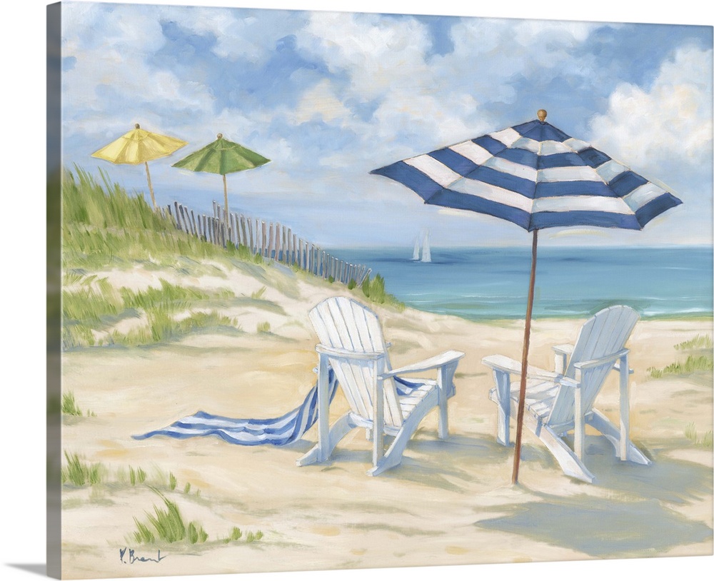 Painting of two beach chairs under a sun umbrella.