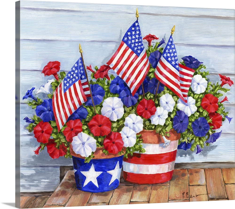 Contemporary painting of a patriotic arrangement of petunias and American flags.