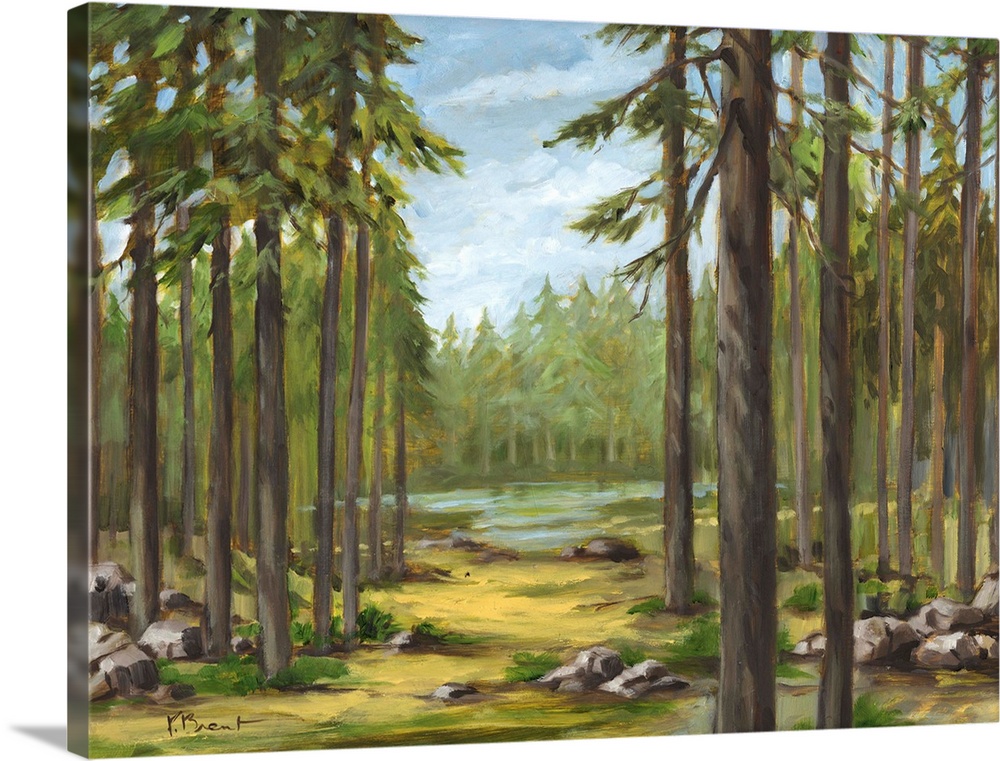 Contemporary landscape painting of a forest with tall pine trees and a river.