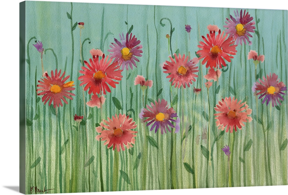 Painting of gerbera daisies of varying tones on a simple background.