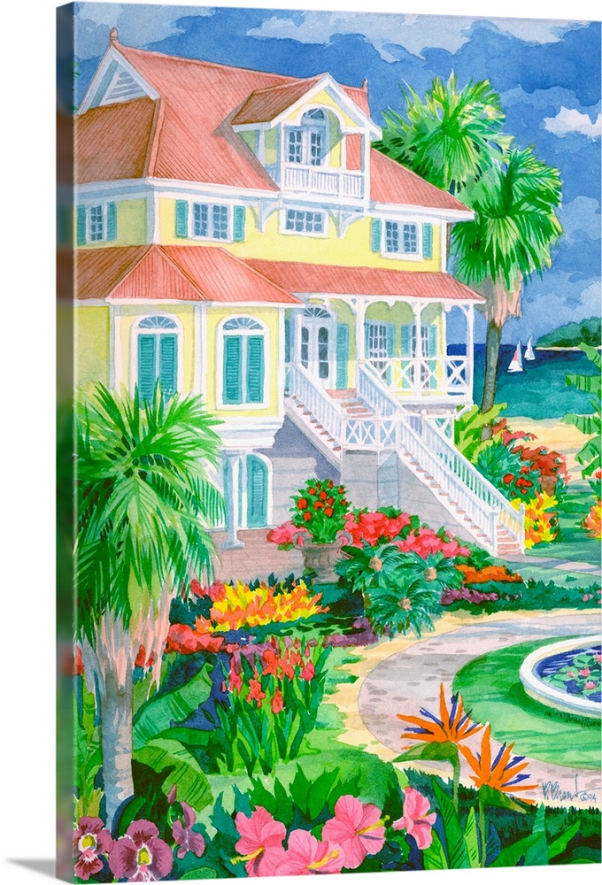 Contemporary painting of a plantation-style home near a tropical beach.