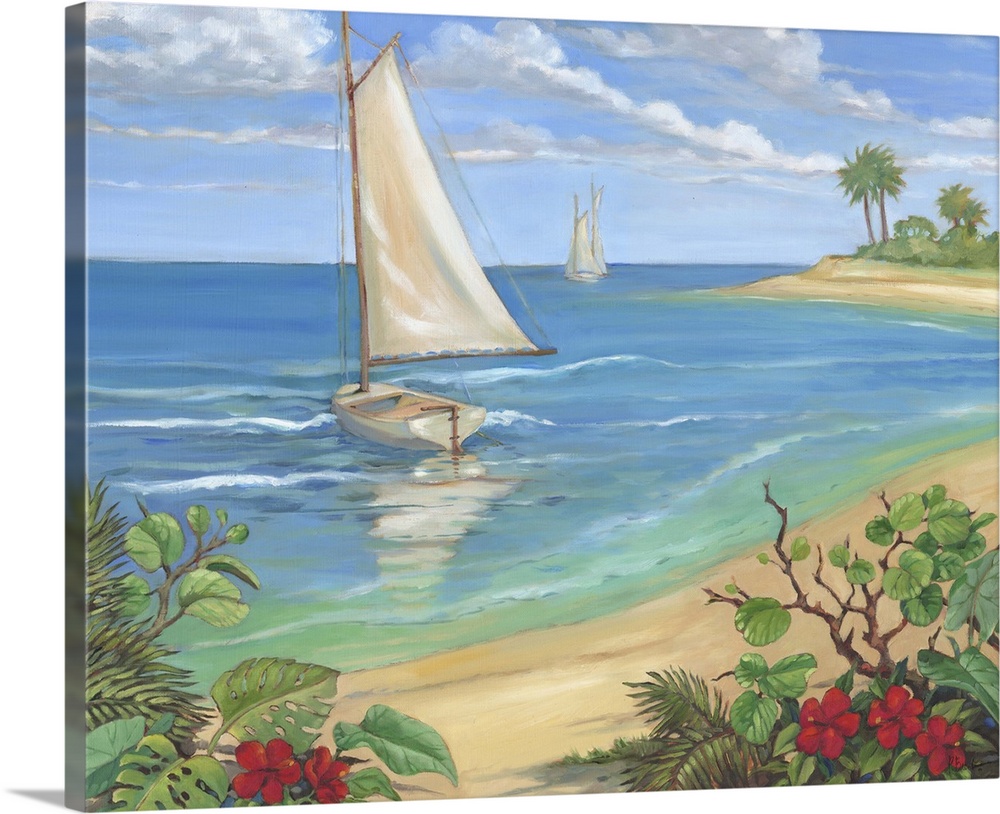 Painting of a sailboat in the ocean by a tropical beach.
