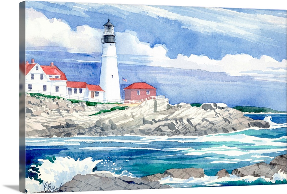 Watercolor painting of the Portland Head Light in Maine, on the rocky coast.