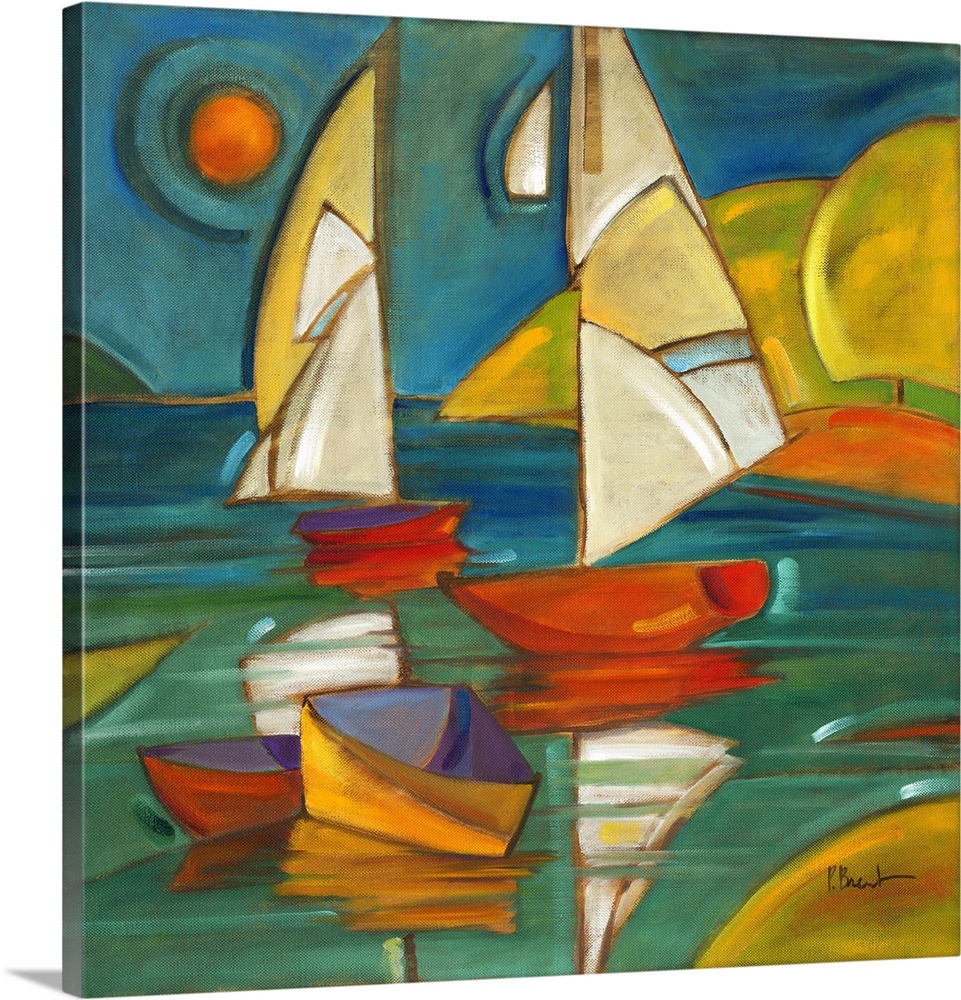 Stylized painting of two sailboats on the water next to two smaller boats.