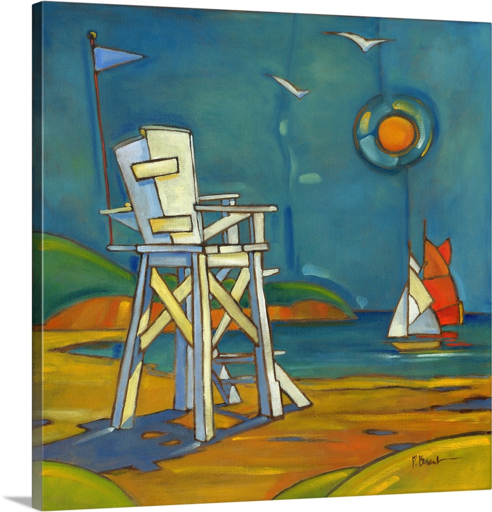 Stylized painting of a beach with sailboats and a lifeguard stand.