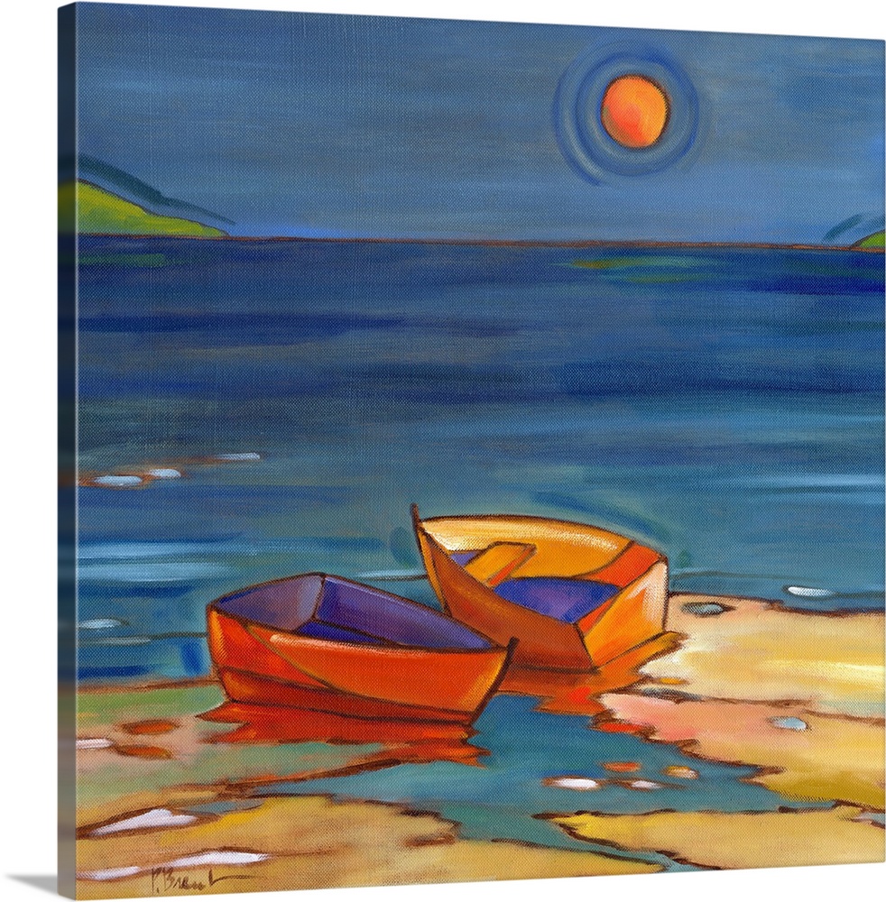 Stylized painting of a beach with two small boats on the shore under the sun.