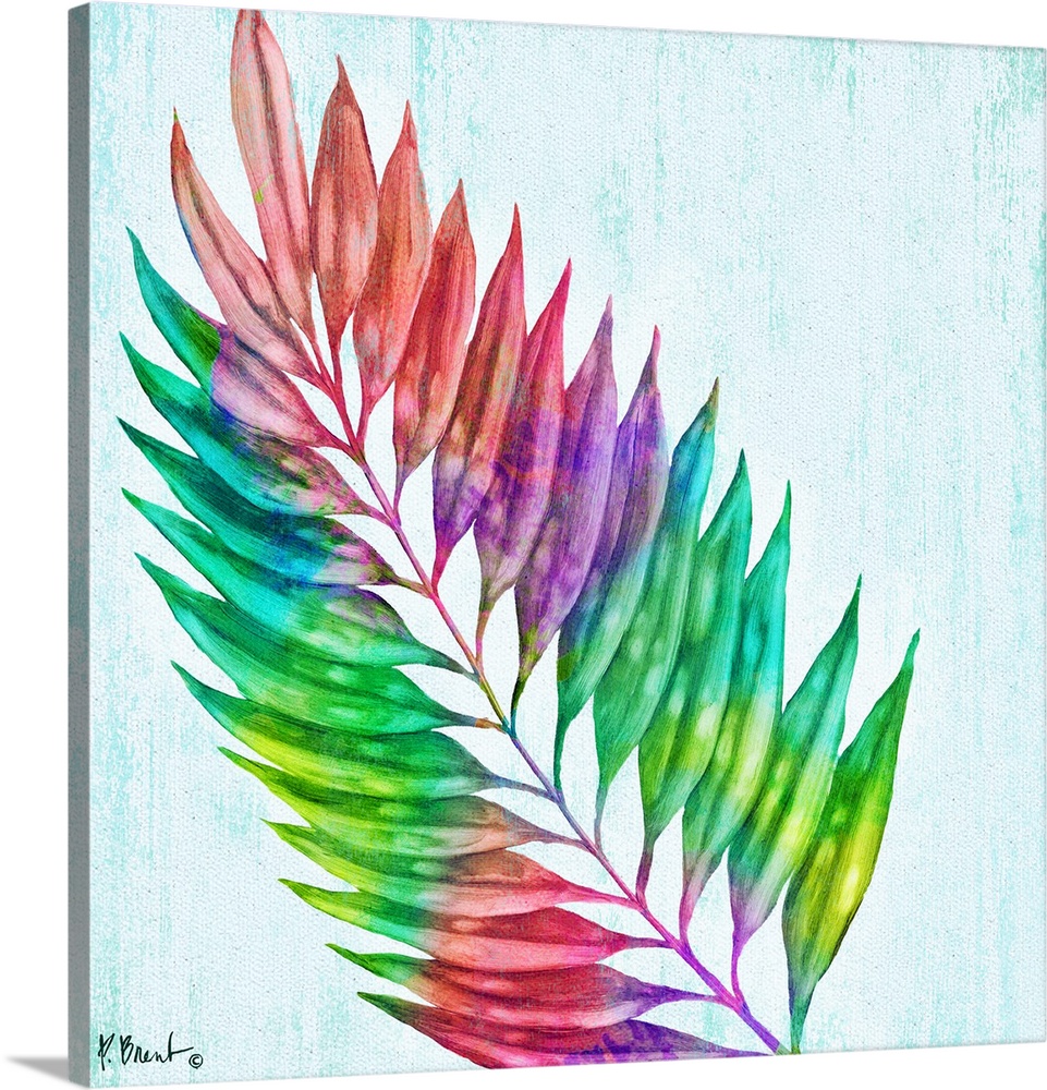 Square decor with a multi-colored palm branch on a white textured background with hints of turquoise.