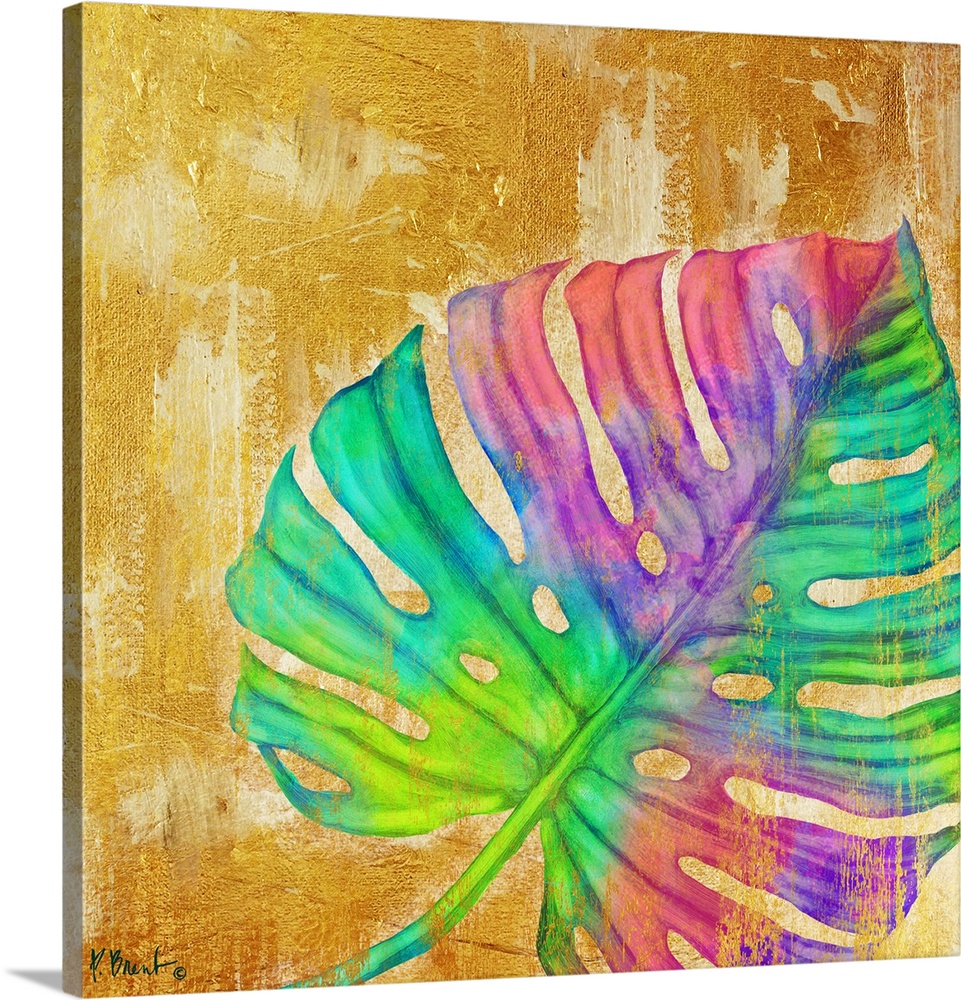 Square decor with a multi-colored palm leaf on a gold textured background
