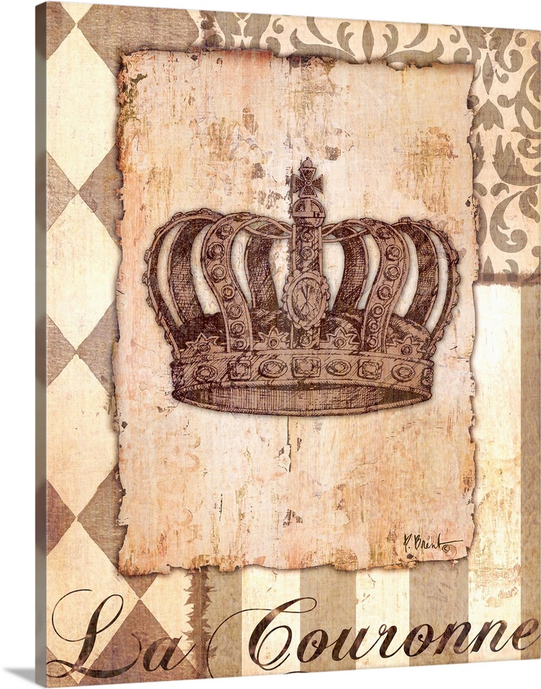 Decorative sepia-toned artwork of a crown with vintage patterns.