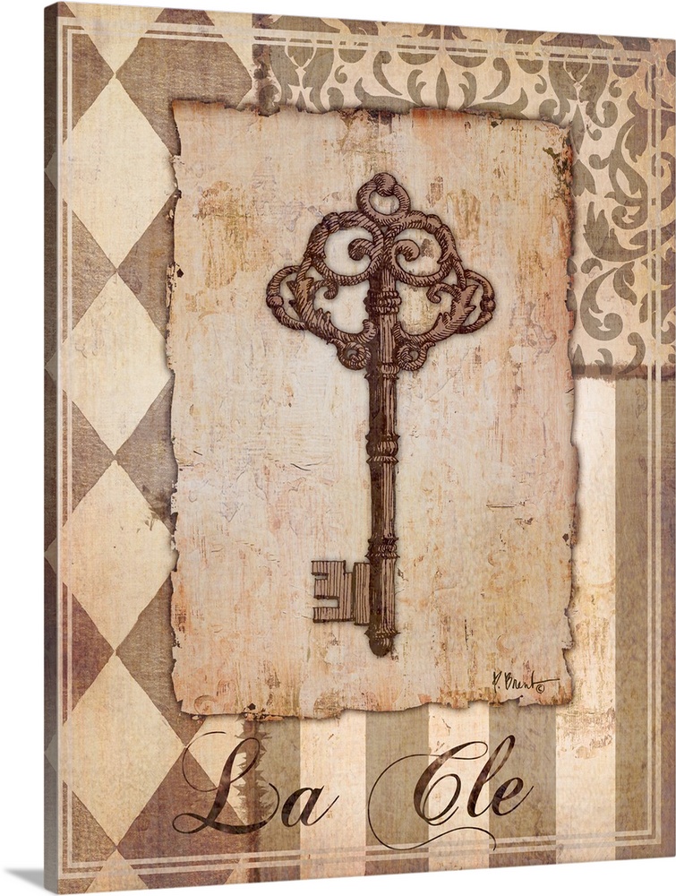 Decorative sepia-toned artwork of a key with vintage patterns.