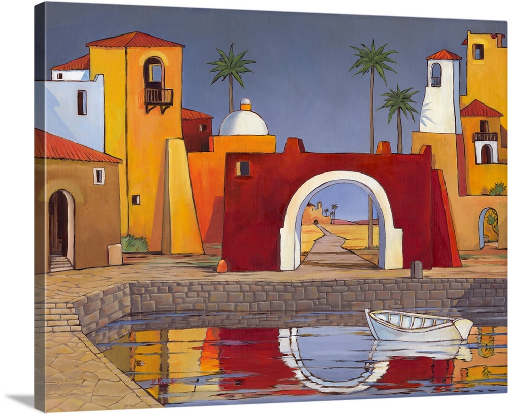 Contemporary painting of a scene in Puerto del Mar with adobe buildings and a large archway.