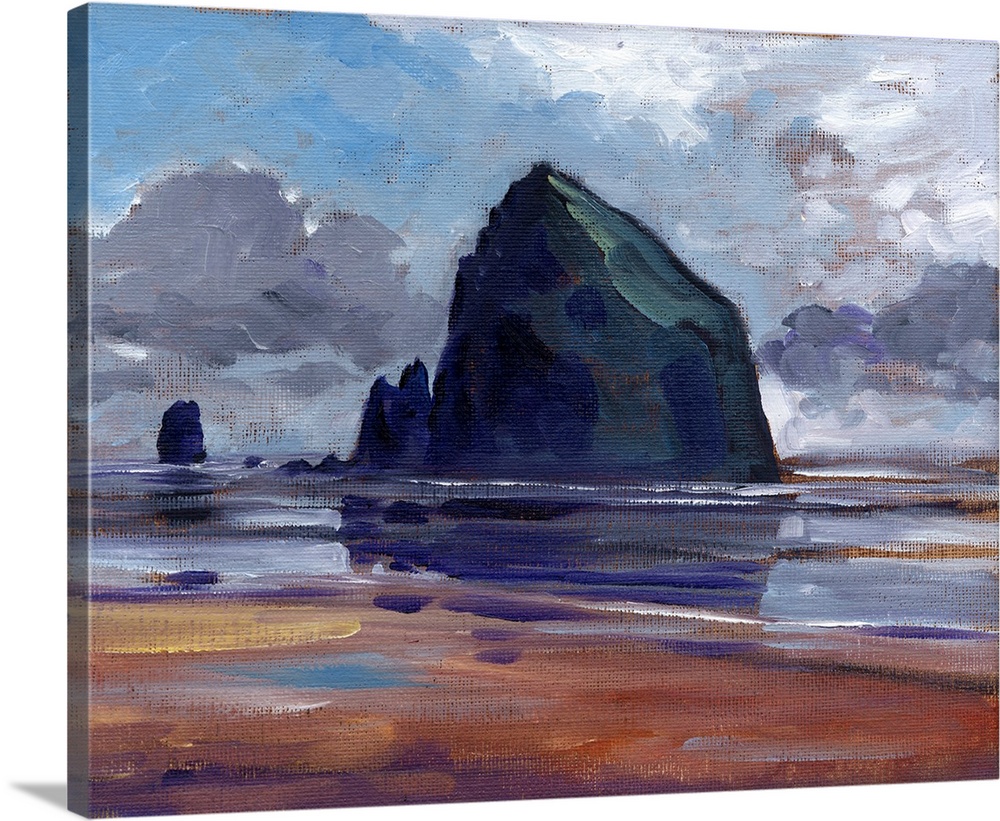 Contemporary painting of a beach with a large rocky monument in the distance.