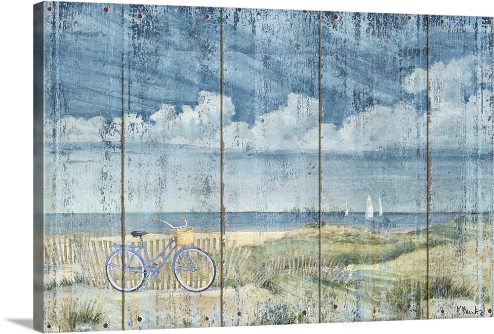 Contemporary artwork of a beach scene with a bicycle resting against a fence on a textured panel background.