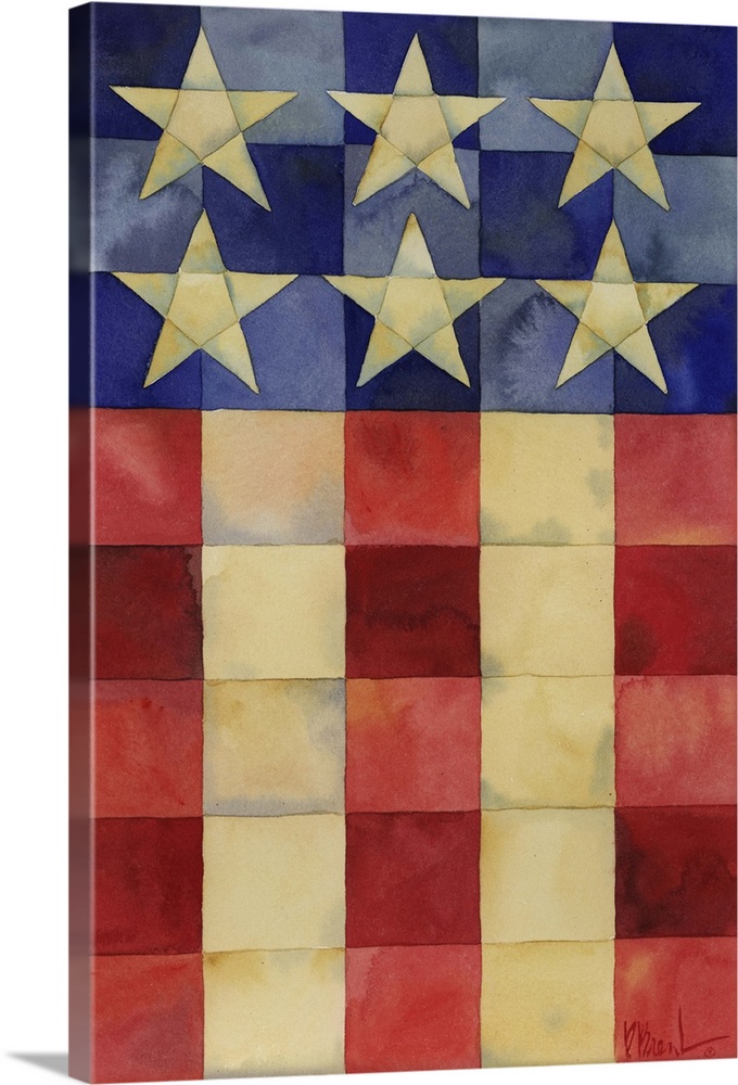 Painting of a simplified American flag done in a style reminiscent of traditional piece quilting.