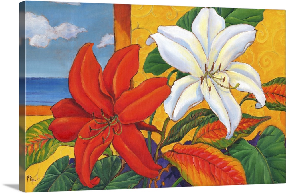 Still life painting of an arrangement of lilies and leaves.