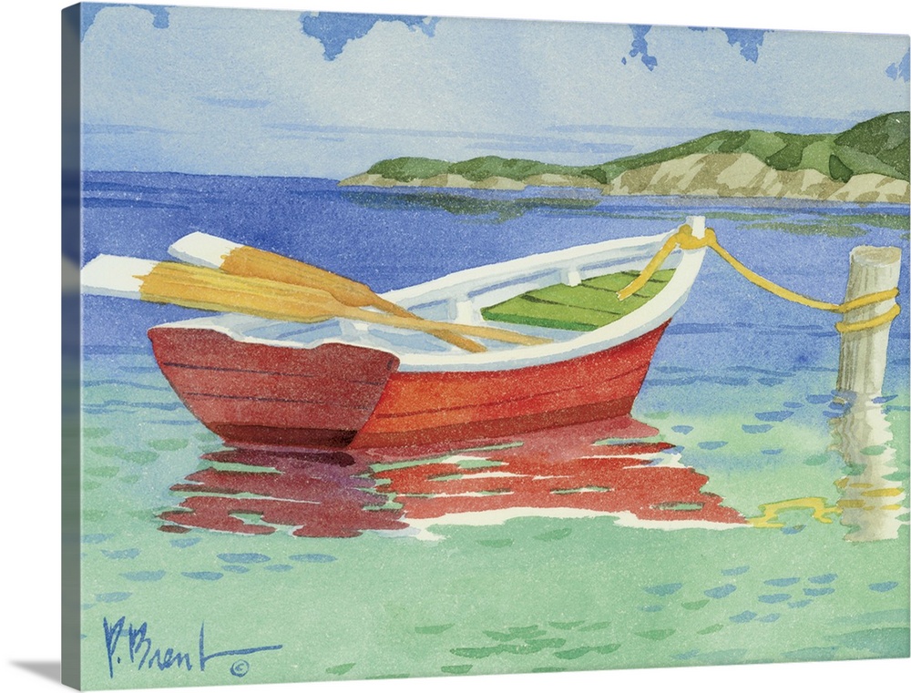 Contemporary painting of a single red rowboat tied to a post in the water.