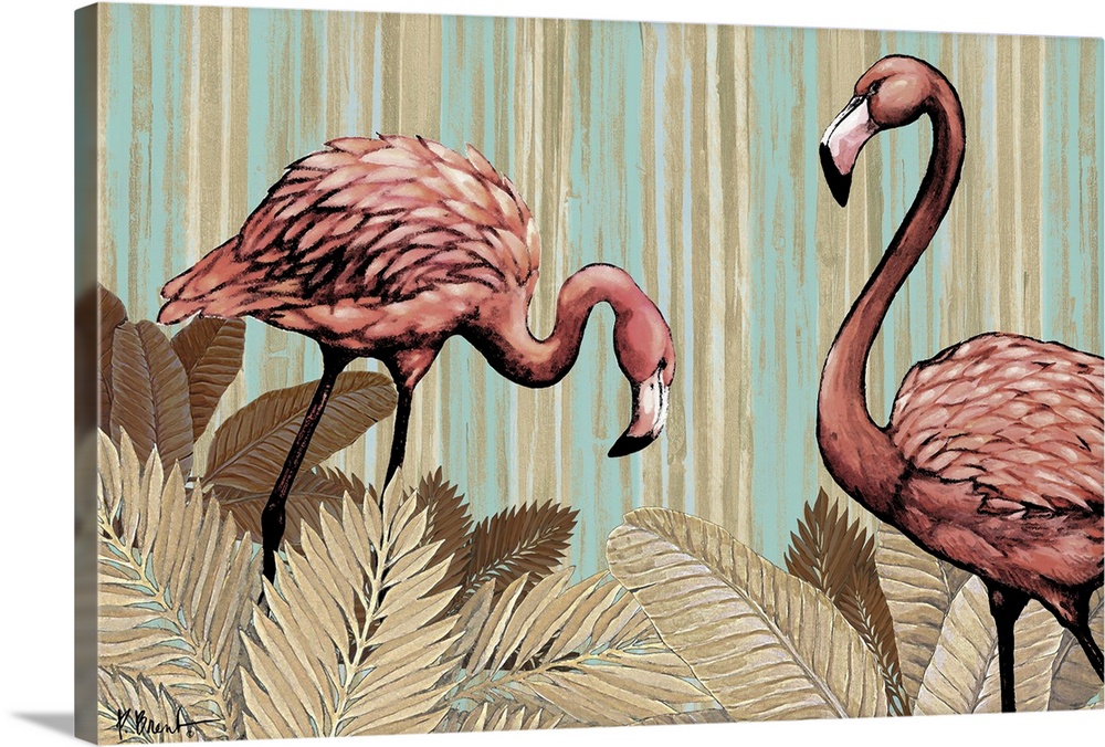 Vintage-style artwork of two pink flamingos standing among ferns with a patterned background.