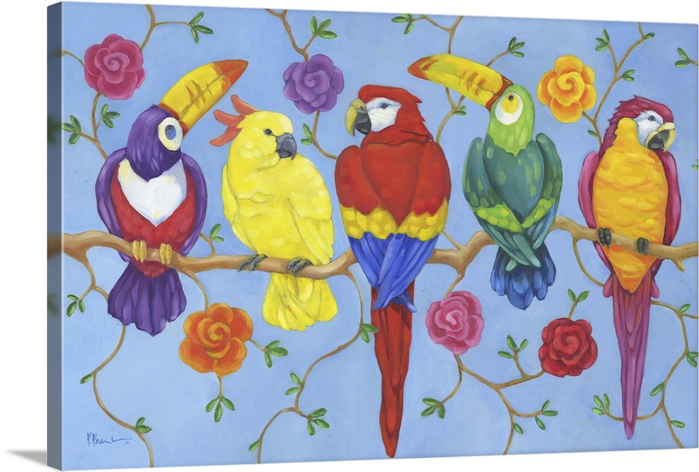 Painting of five tropical birds including macaws, toucans, and a cockatoo, on a branch, decorated with roses.