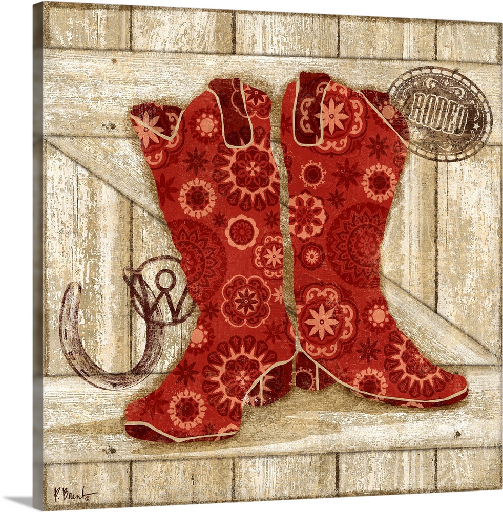 Paisley patterned red cowboy boots with cattle brands.
