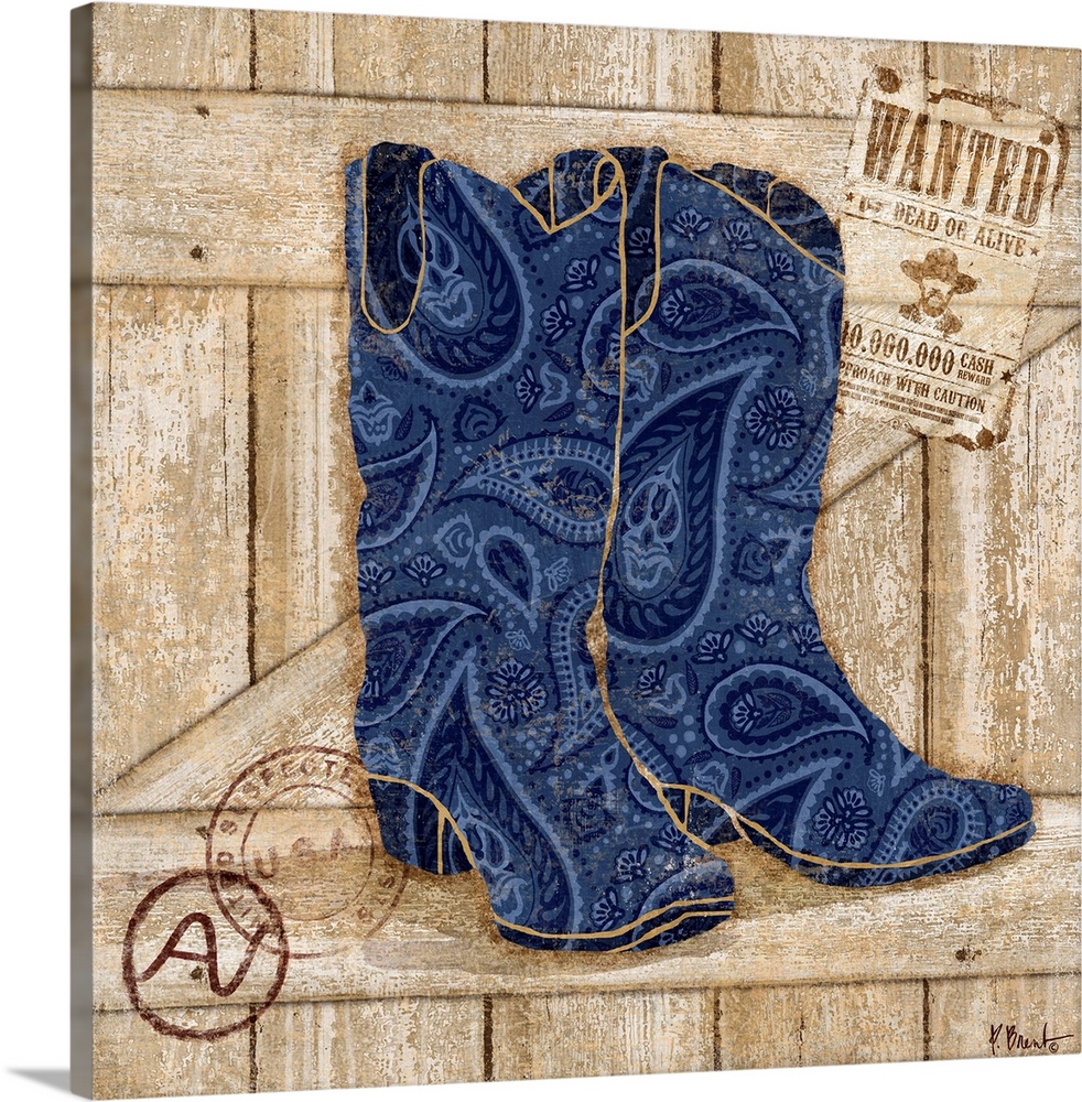 Paisley patterned blue cowboy boots with cattle brands.