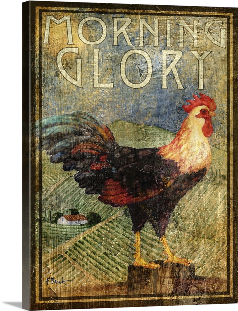 Rustic-style sign for a farm with a rooster and the words Morning Glory.