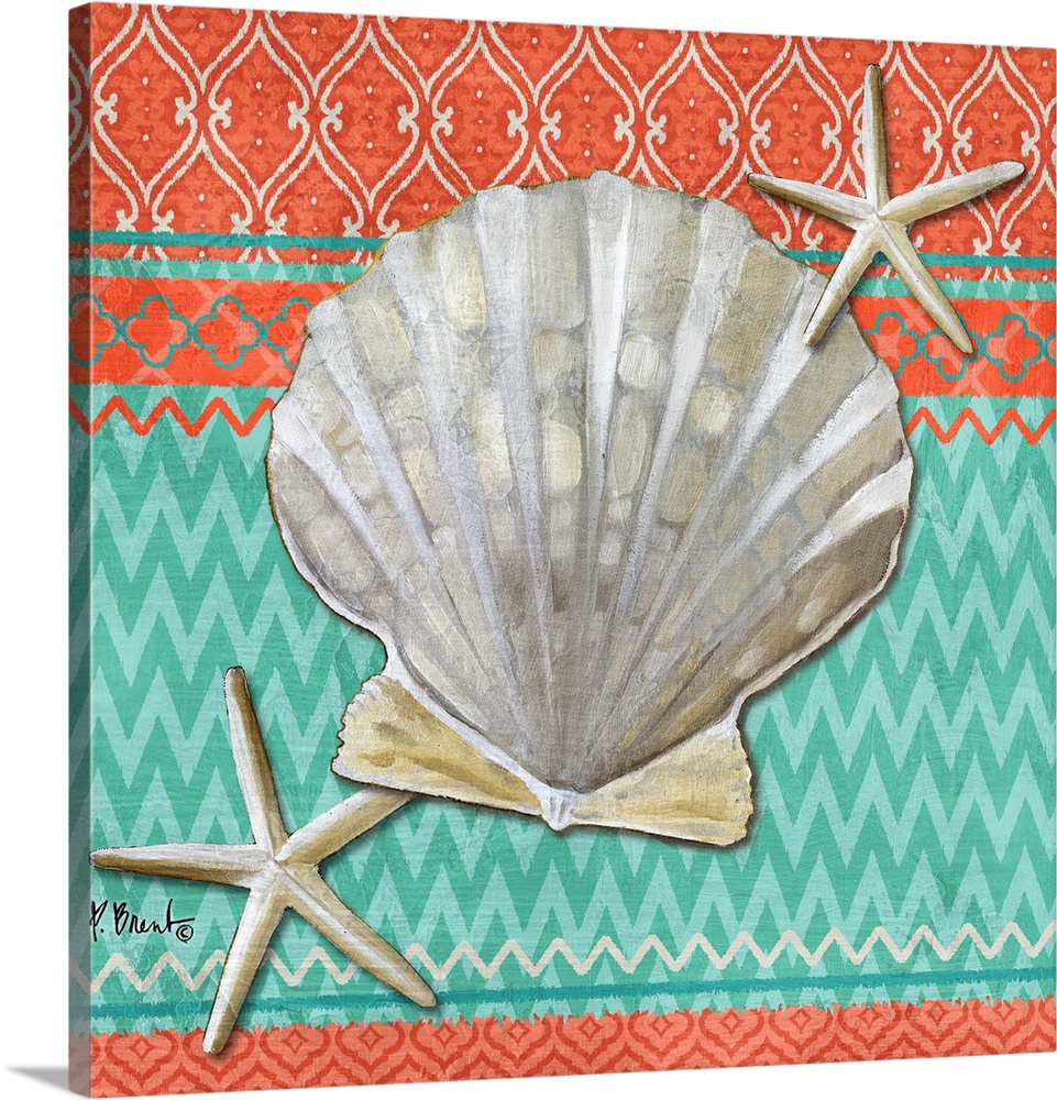 Decorative artwork of a scallop shell and starfish on an orange and teal patterned background.