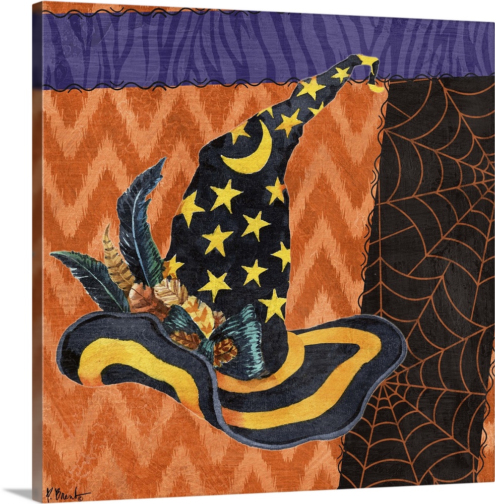 Halloween themed artwork of a witch's pointy hat in festive purple and orange patterns.