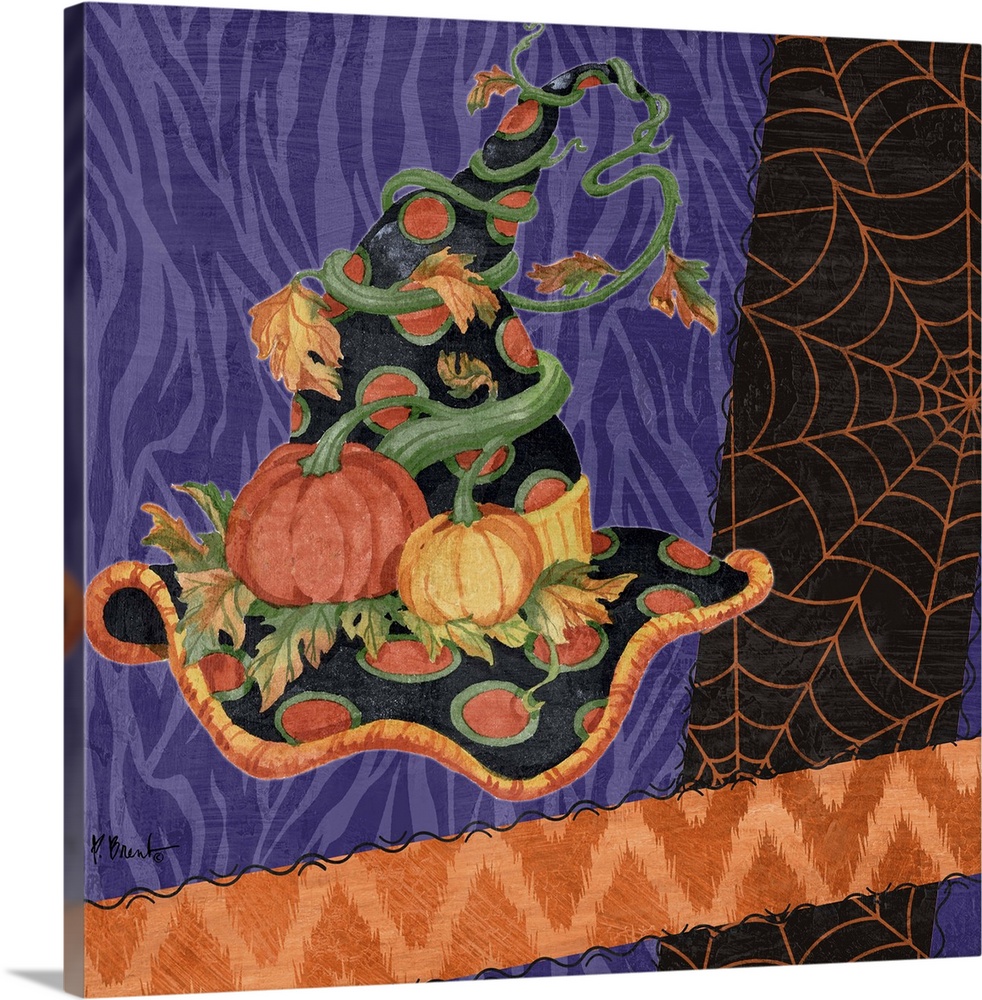 Halloween themed artwork of a witch's pointy hat in festive purple and orange patterns.