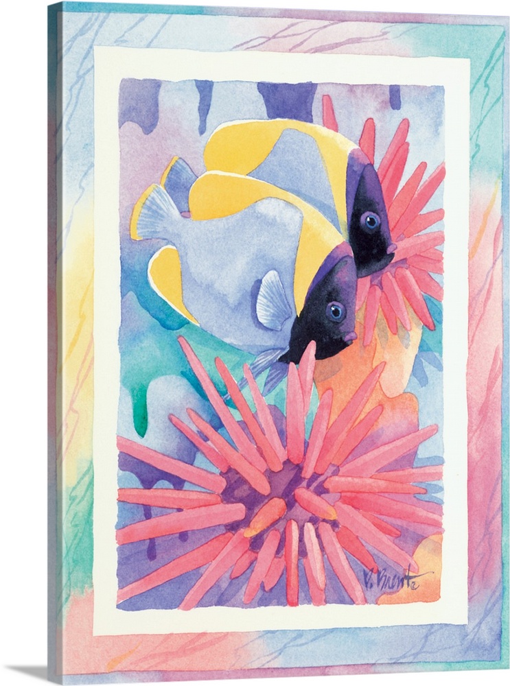 Watercolor painting of two fish swimming near sea urchins, done in pastel colors.