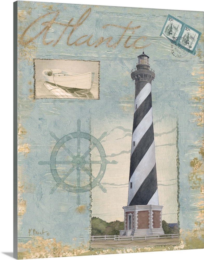 Collage-style artwork featuring a lighthouse, a ship's wheel, and postage stamps on a textured wooden background.