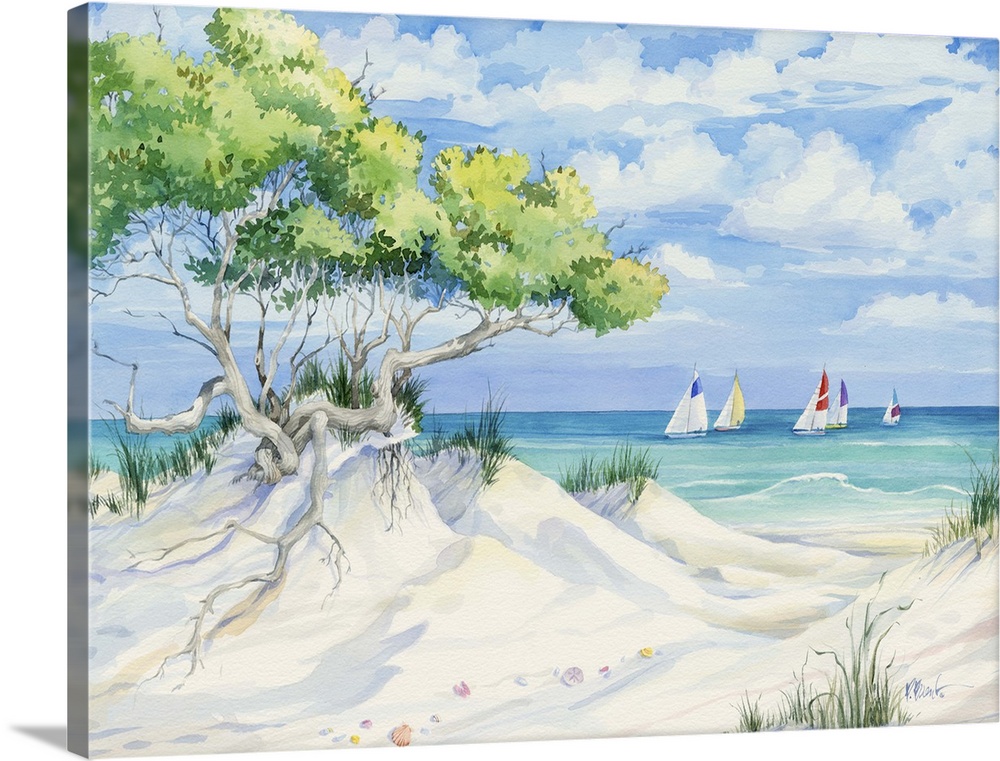 Painting of a sandy beach with trees growing in the dunes.