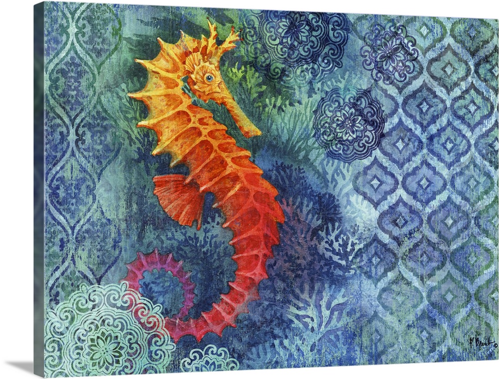 Painting of a seahorse on a batik background decorated with corals